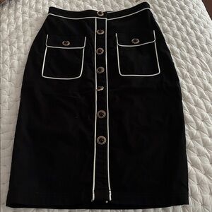 Black Pencil Skirt with White Piping and Front Button Detail